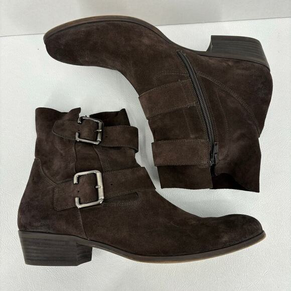 Paul Green Suede Boot Side Zip Double Strap Buckle Leather Bootie Brown Size 7.5 - Picture 2 of 10